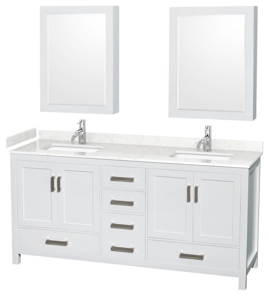 72"DBL Vanity White, Carrara Cult. Marble Countertop, Sinks, Med. Cabinets