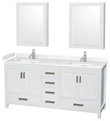 72"DBL Vanity White, Carrara Cult. Marble Countertop, Sinks, Med. Cabinets