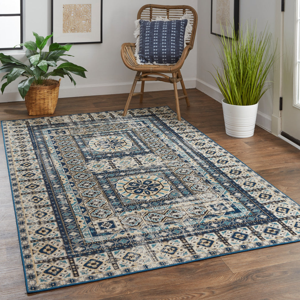 Weave & Wander Kezia Rug, Blue/Vanilla Beige, 12ft-10in x 15ft
