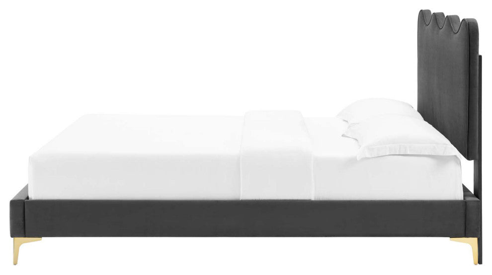 Platform Bed Frame, King Size, Charcoal Gray, Velvet, Modern, Guest Suite