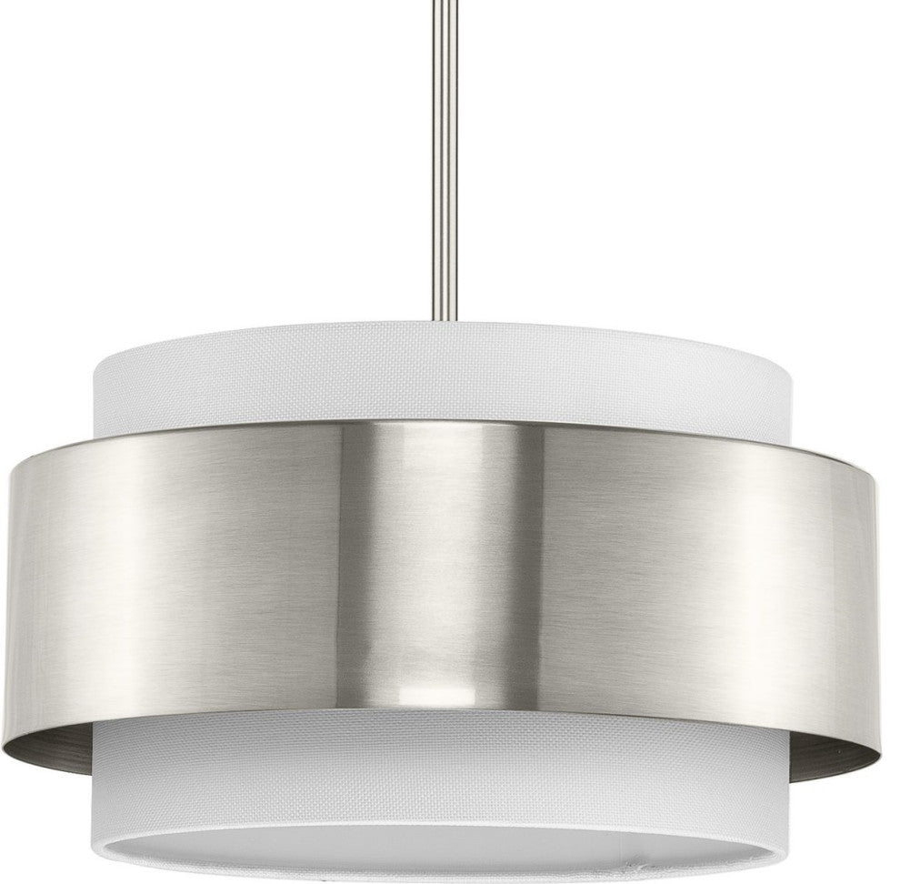 Silva Collection Three-Light Brushed Nickel White Linen Shade Pendant