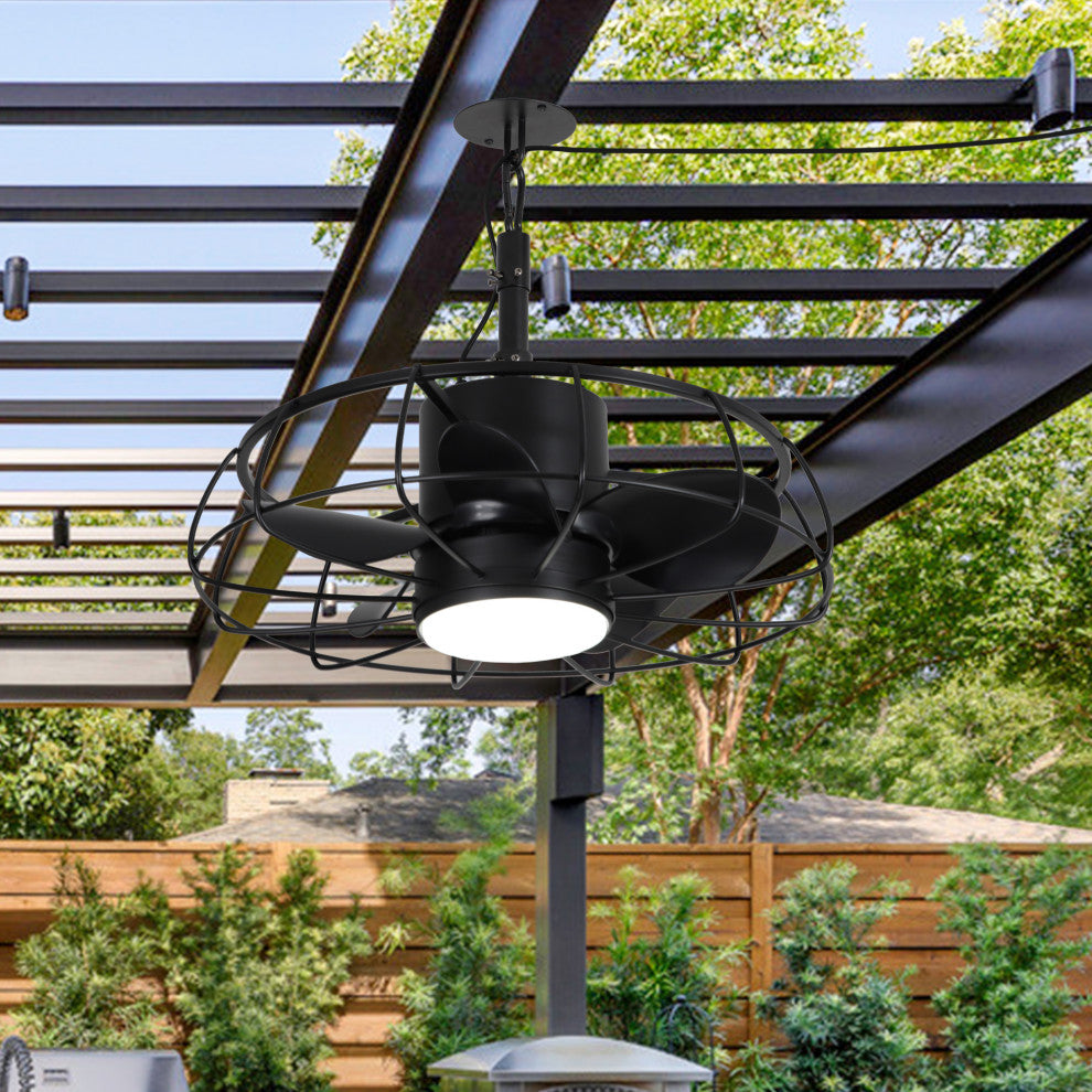 20-inch Modern Outdoor Black Small Cage Black LED Ceiling Fan with Remote