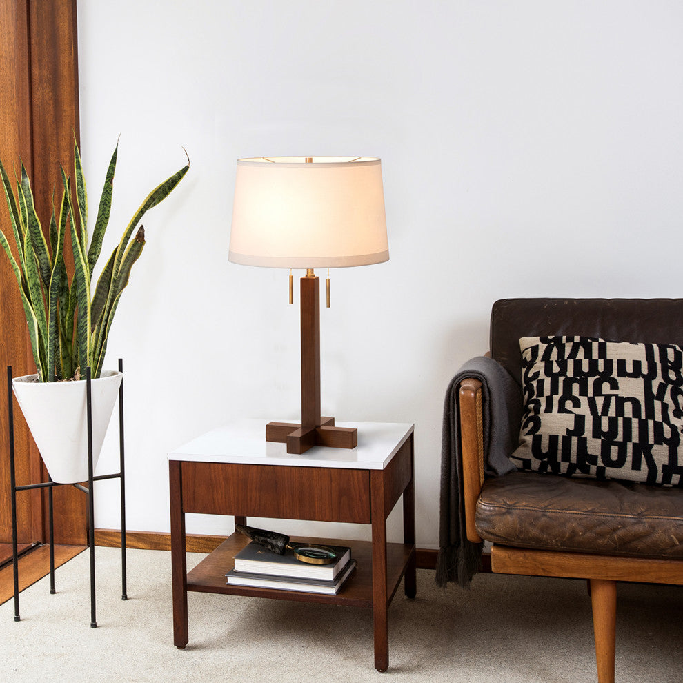 Swiss Cross Table Lamp - Dark Walnut Wood Finish, Weathered Brass, White Shade