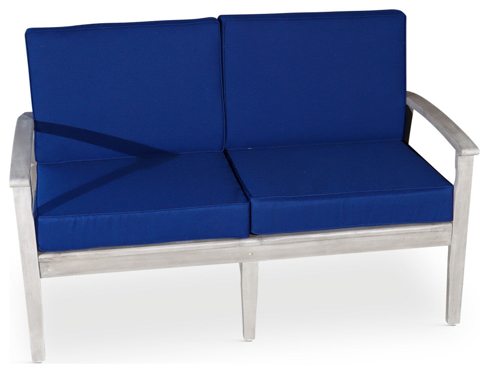 DTY Outdoor Living Longs Peak Eucalyptus Loveseat w/ Cushion, Silver Gray, Navy