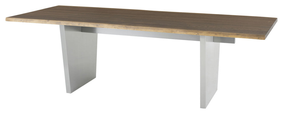Aiden 96-inch Rectangular Dining Table in Brushed Stainless and Seared Oak Top