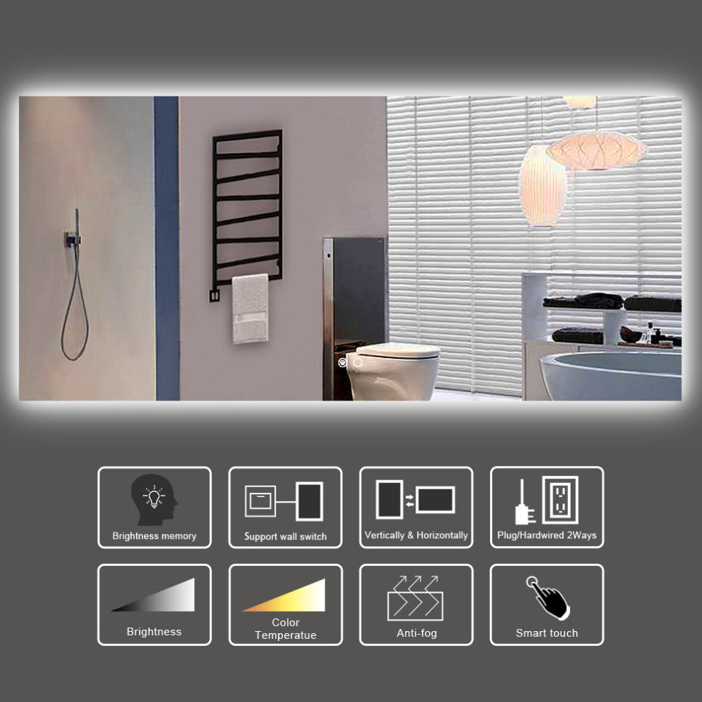 Backlit 3-Color LED Mirror for Bathroom, Anti-Fog Dimmable, 60x28