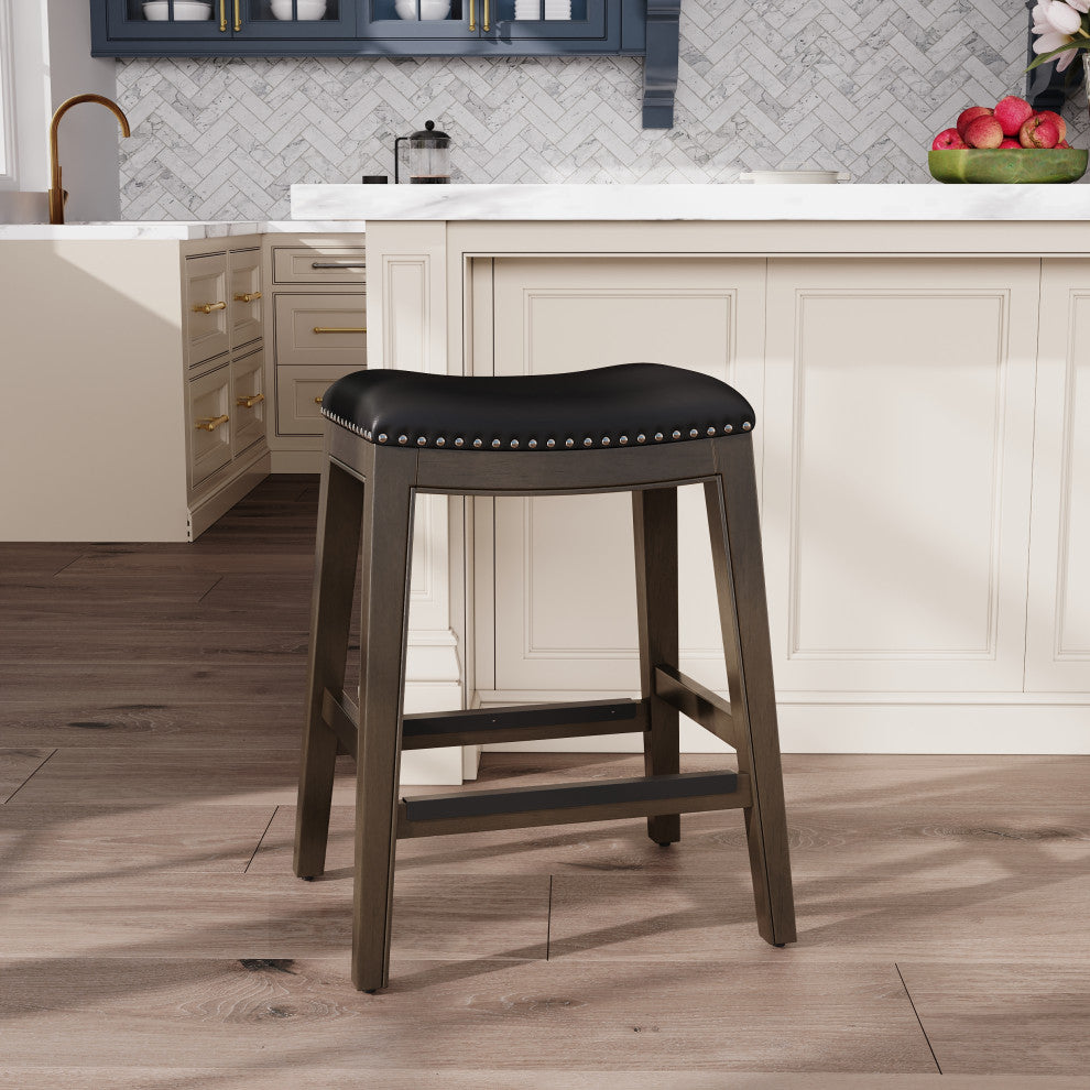 DTY Indoor Living Durango Bonded Leather Saddle Stool, Weathered Gray Finish, Black Leather, 24"