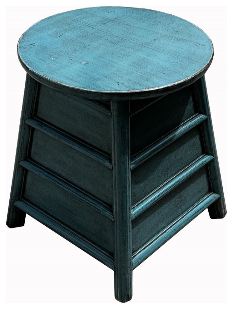 Chinese Distressed Light Blue Round Top Drawers Wood Stool Table Hws3052