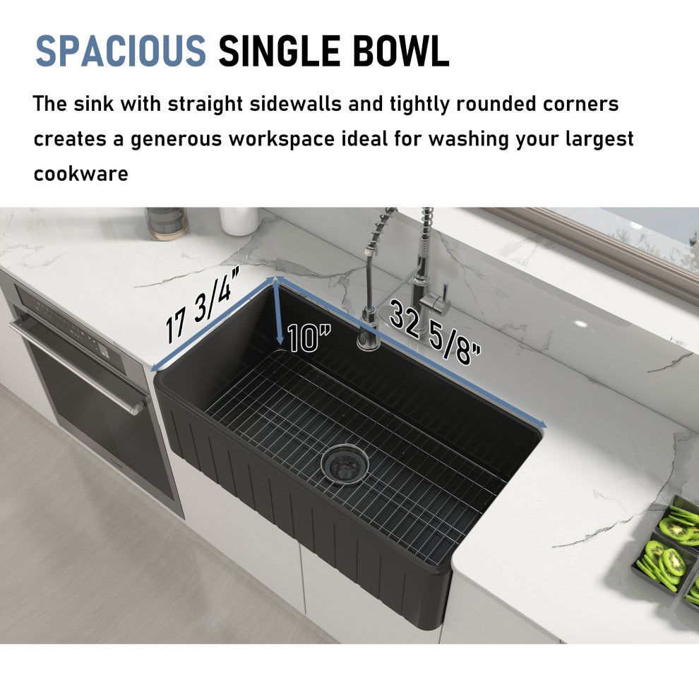 33in Single Bowl Fireclay Farmhouse Apron Kitchen Sink with Grid and Drainer, Matte Black