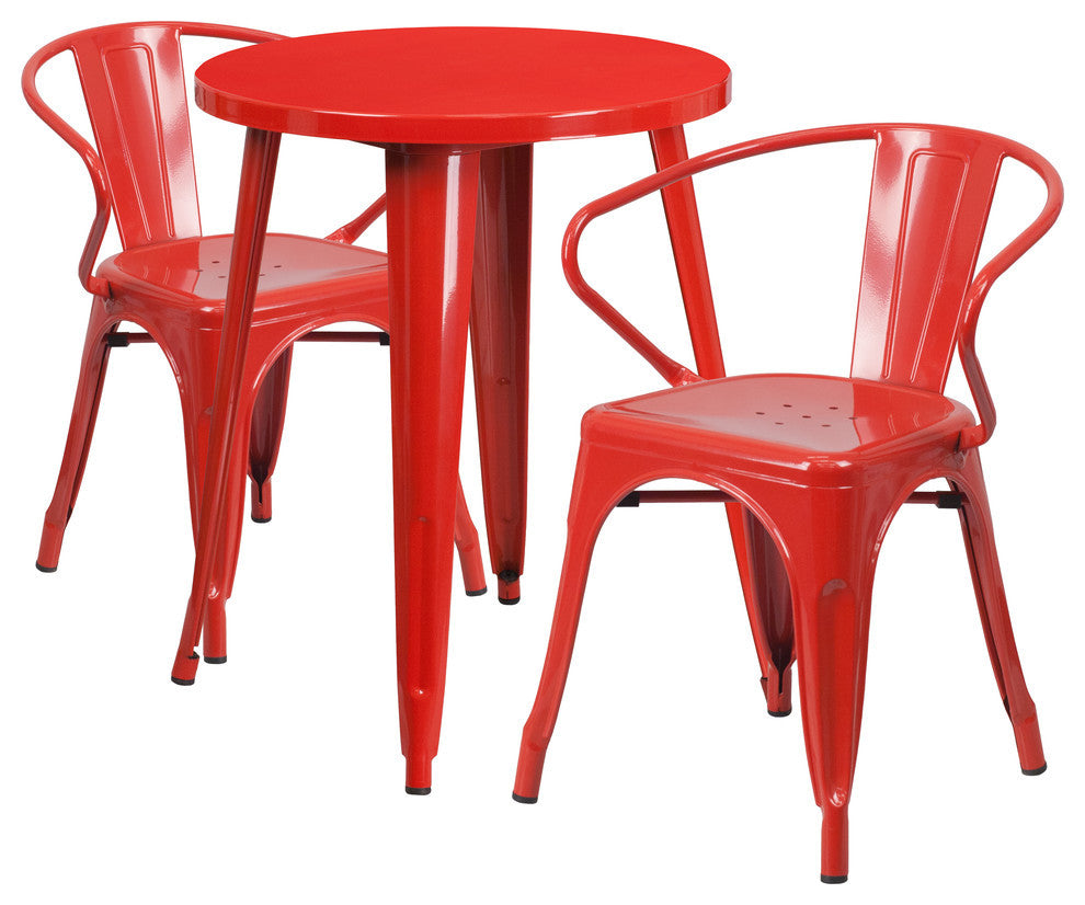 24'' Round Red Metal Indoor-Outdoor Table Set With 2 Arm Chairs