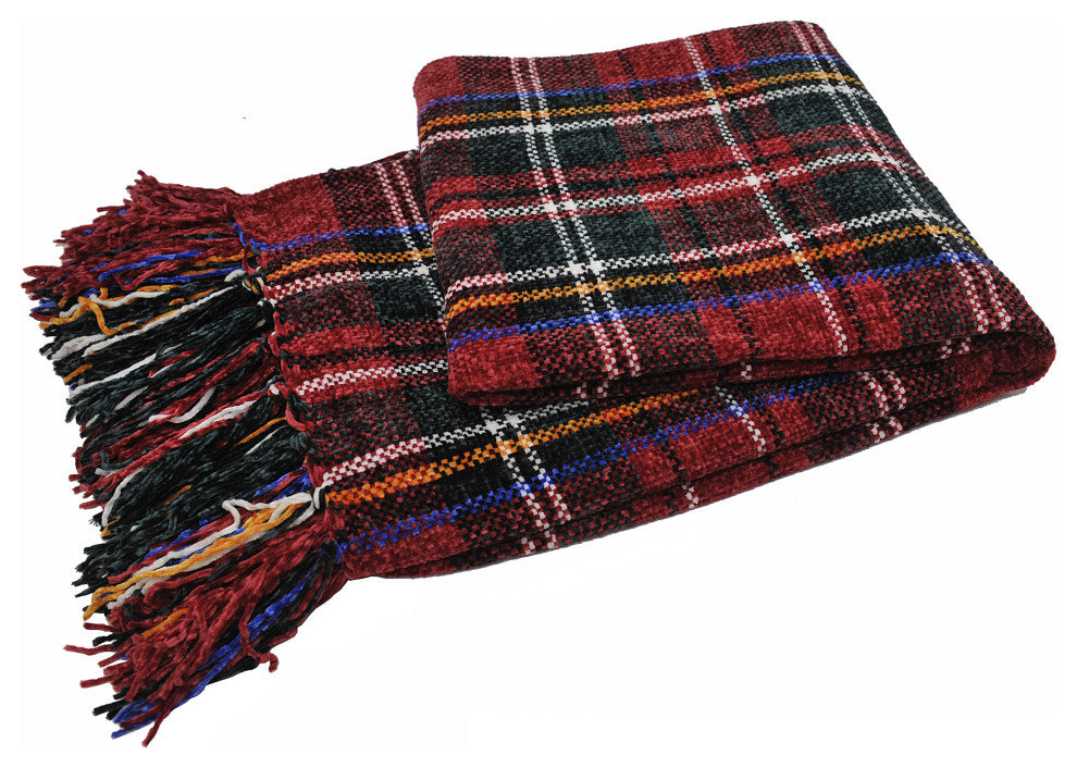 Multi-Color Crystal Chenille Throw Blanket, Red/Green/White Plaid, 60"x80"