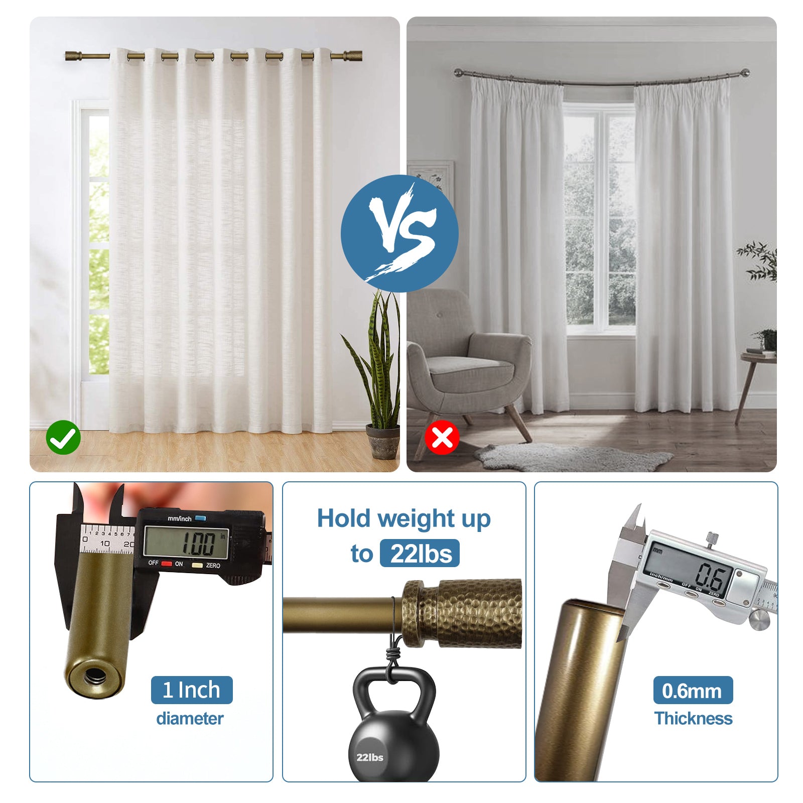 1" Diameter Fossetta Curtain Rod, 48"-84", Renaissance Gold