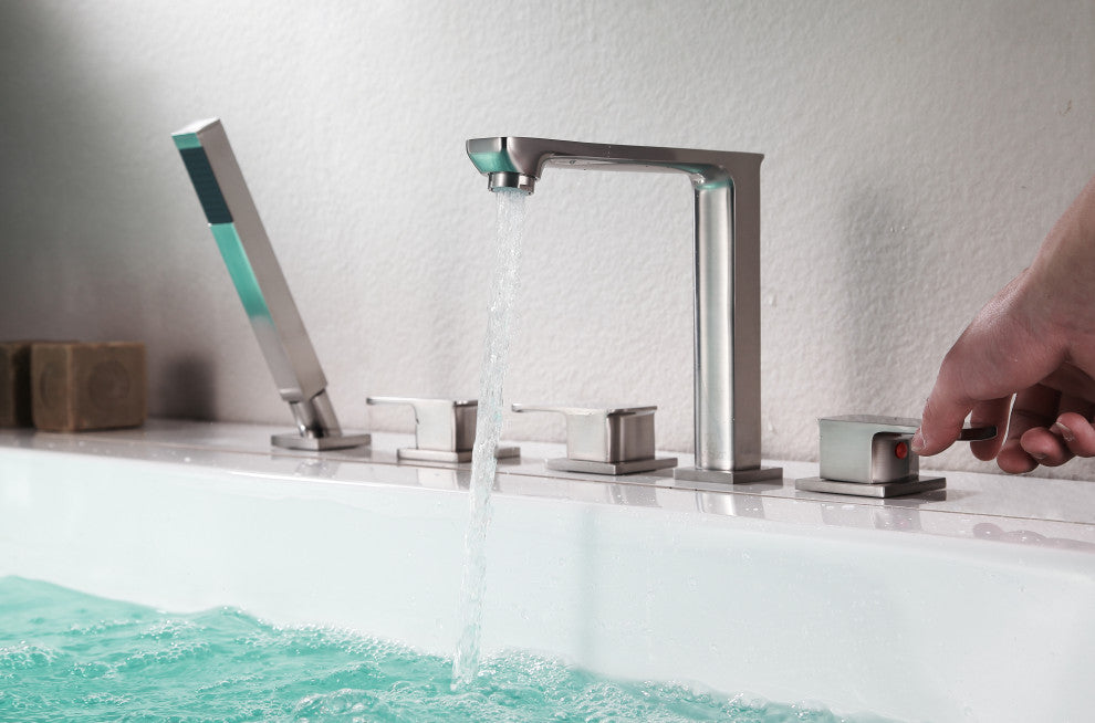 Shore 3-Handle Deck-Mount Roman Tub Faucet,Handheld Sprayer In Brushed Nickel