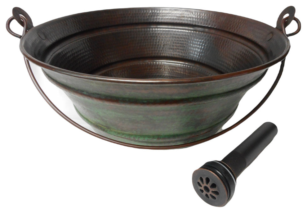 15" Round Copper Vessel Bucket Sink with Green Distressed Exterior, Daisy Drain
