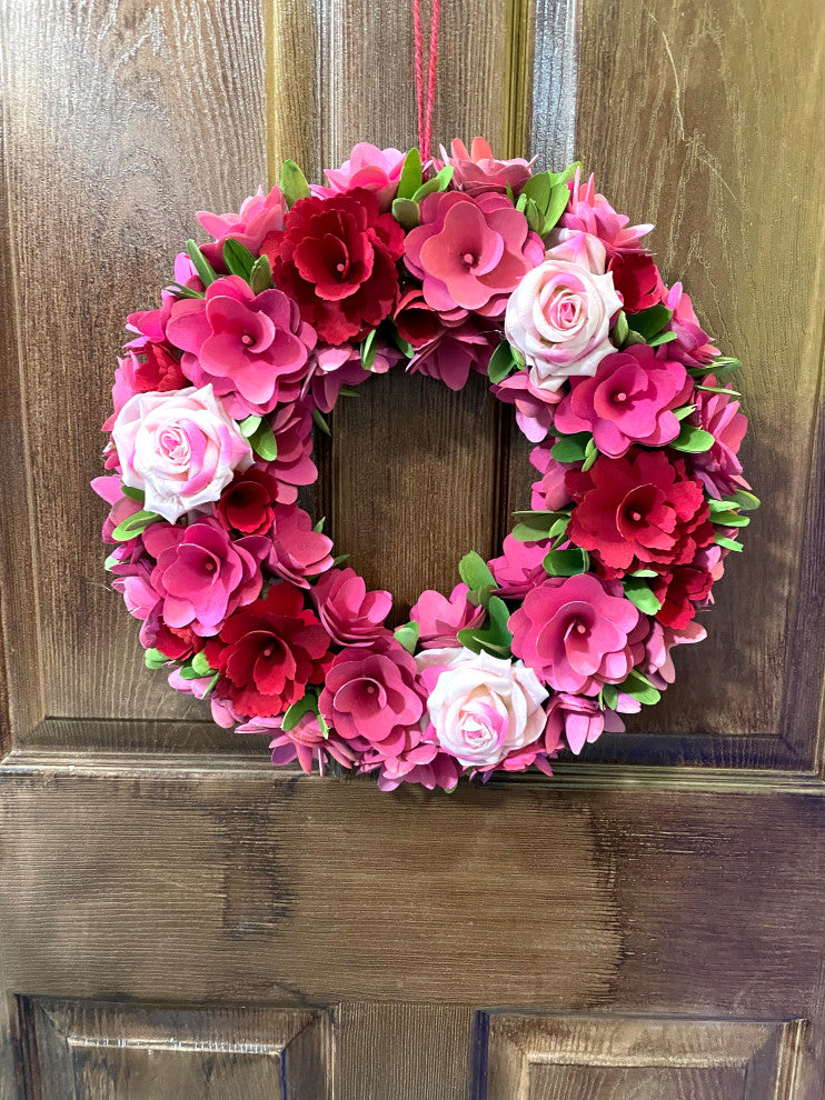 16" Red Wood Curl Wreath With Pink Roses