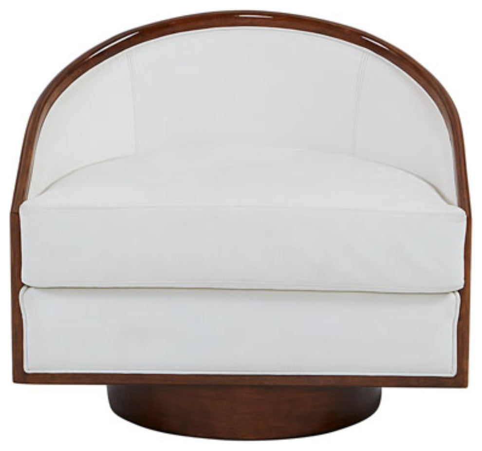 Mid Century Modern White Leather Swivel Tub Chair, Round Dark Wood Living Room