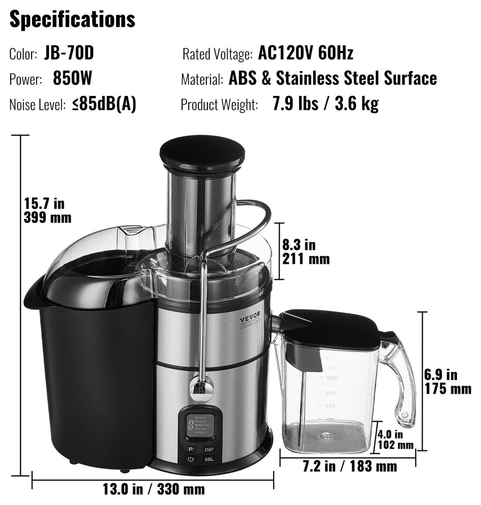 VEVOR Centrifugal Juicer Machine Fruits Vegetables Juice Extractor 850W 5 Speeds
