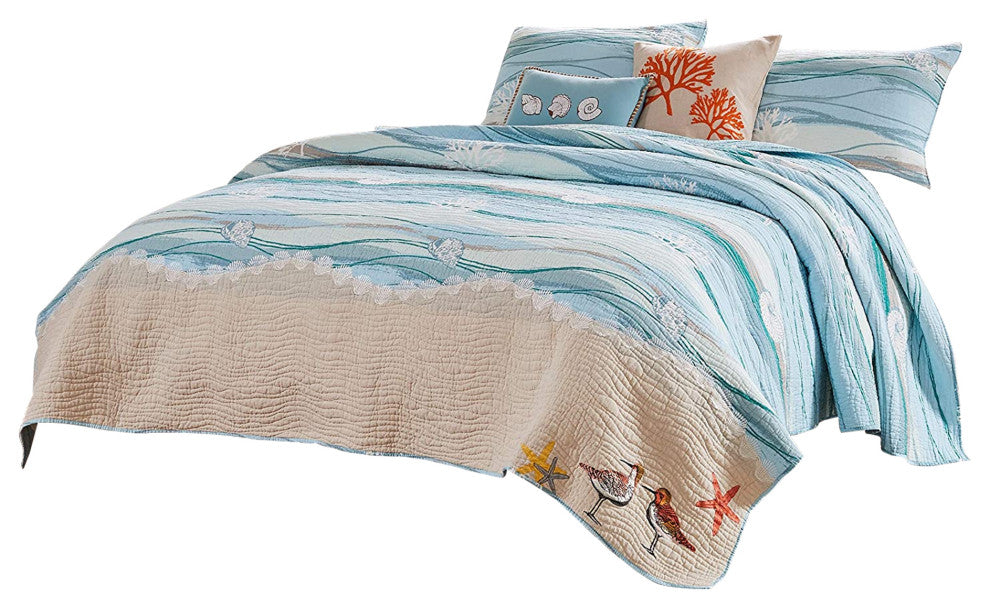 Benzara BM101971 5 Piece King Size Fabric Quilt Set With Coastal Prints, Blue
