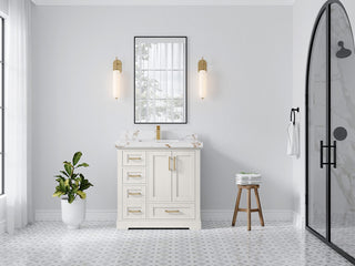 Boston 36" Center Sink Bath Vanity in Alabaster 2" Viola Gold