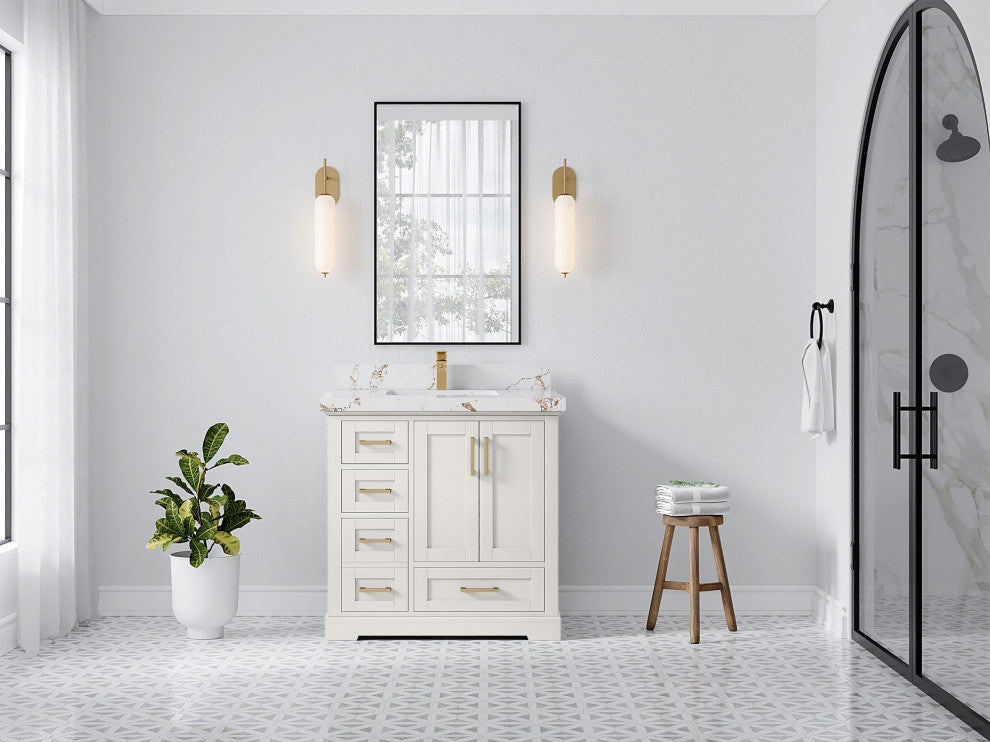 Boston 36" Center Sink Bath Vanity in Alabaster 2" Viola Gold