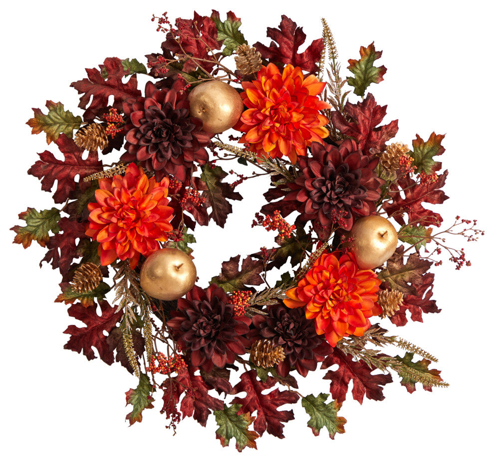 24" Fall Dahlia, Golden Apple, Oak Leaf and Berries Autumn Artificial Wreath