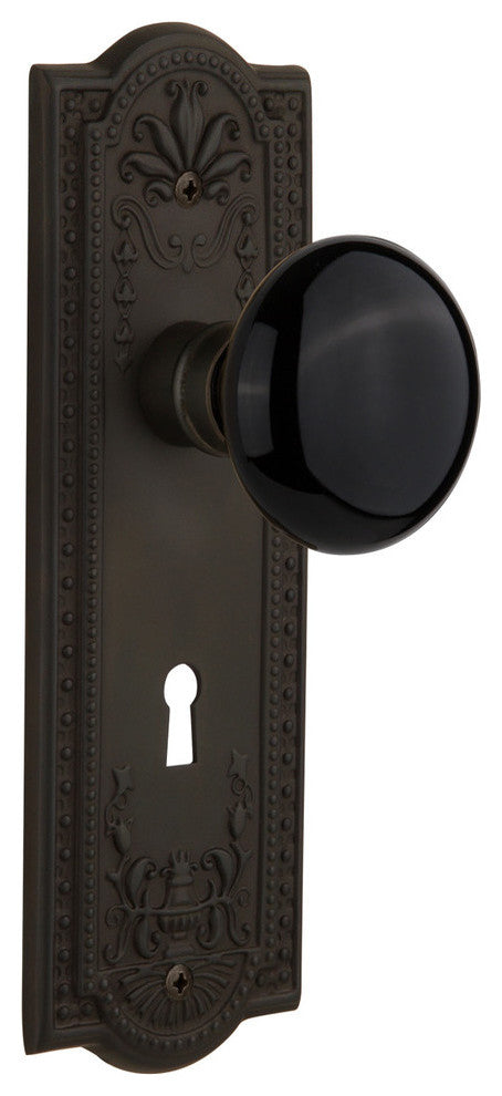 Meadows Plate Passage Black Porcelain Knob, Oil Rubbed Bronze