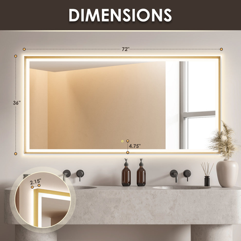 Apollo Anti-Fog Dimmable Vanity, LED Lighted Wall Mirror, Brushed Gold, 72"
