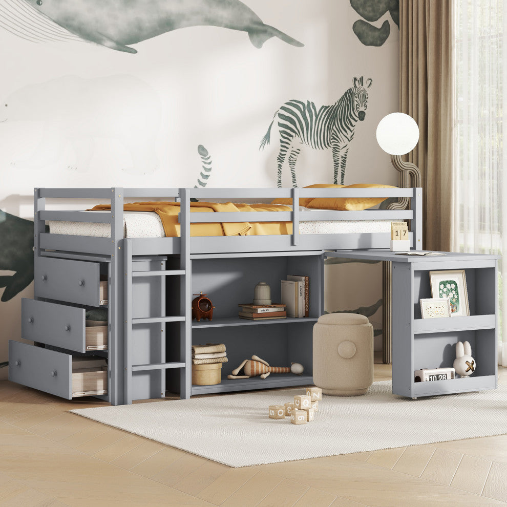 GDF Studio Wood Twin Loft Bed With Flexible Storage & Safety Guardrail, Gray
