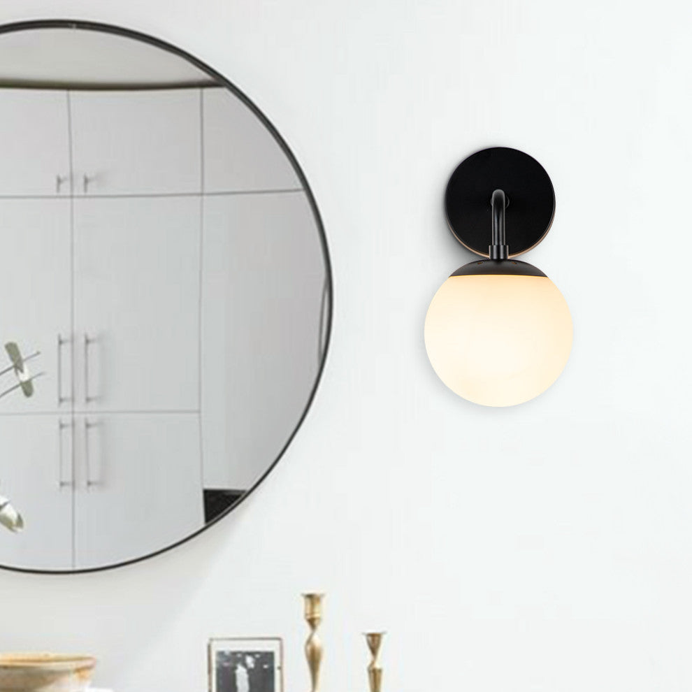 1-Light Milky Glass Globe Wall Sconce, Black