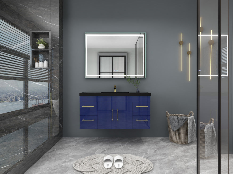 Rosa 48" Wall Mounted Modern Vanity, High Gloss Night Blue, Matt Black Top