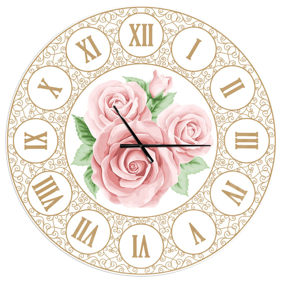Hand Drawn Pink Roses Shabby Chic Vintage Contemporary Clock, 36x36