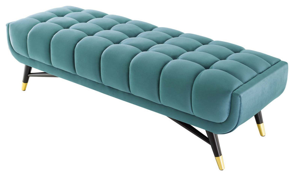 Accent Chair Bench, Velvet, Blue, Modern, Living Lounge Hotel Lobby Hospitality