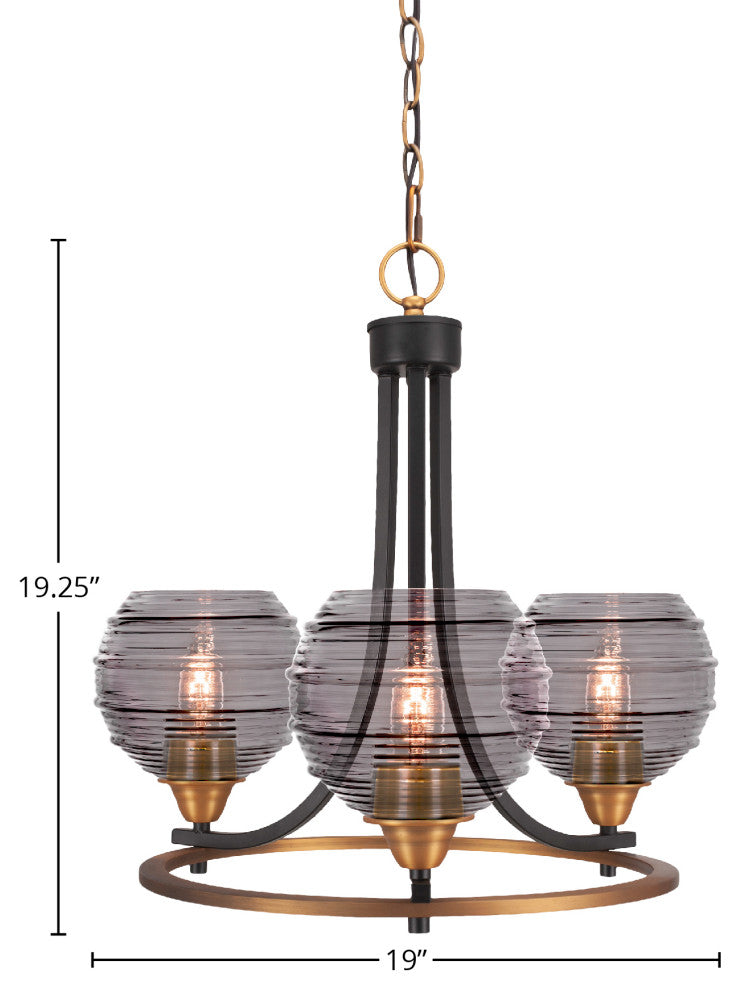 Paramount Uplight 3-Light Chandelier, Matte Black & Brass, 6" Smoke Ribbed Glass