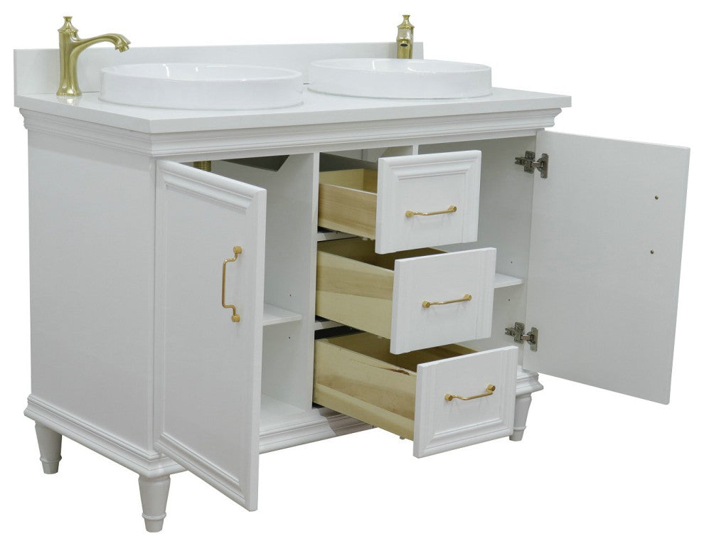 49" Double Vanity In White Finish With White Engineered Stone Top And Round Sink