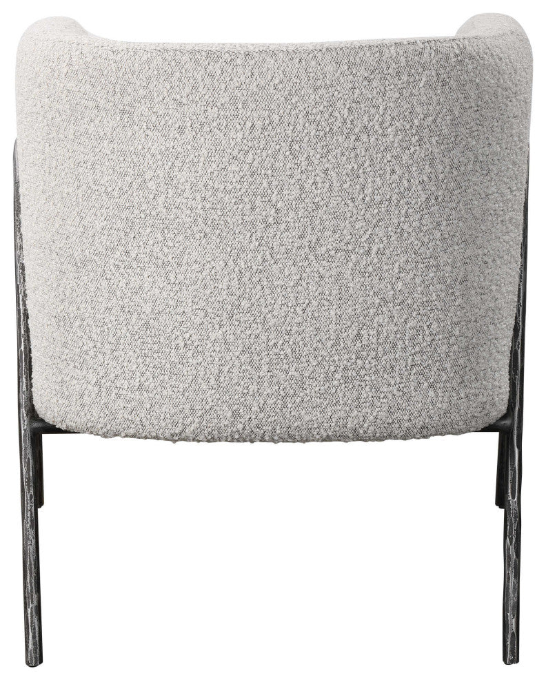 Retro Modern Gray Barrel Back Accent Chair Iron Frame Textured Fabric Scandi