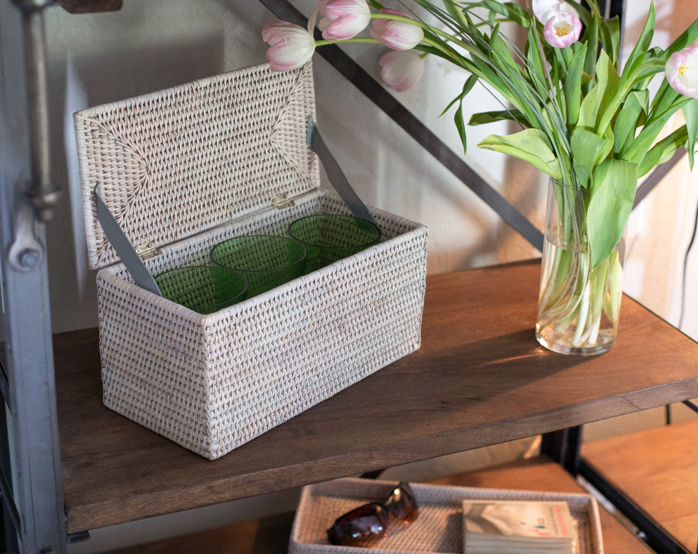 Artifacts Rattan™ Rectangular Double Toilet Roll Holder with Hinged Lid, White Wash