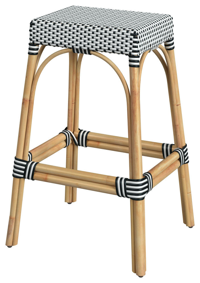 Tobias 30" Rectangular Rattan Barstool, Black and White