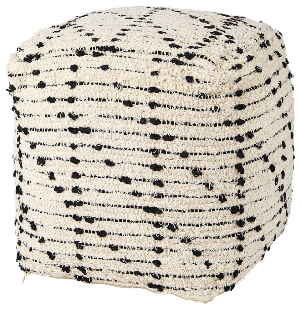 Aarohi 16.0Lx16.0Wx16.0H Cream/Black Cotton Patterned Pouf