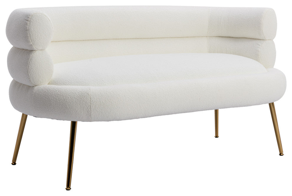 53" Round Arm Settee with Metal Legs, White, 53"