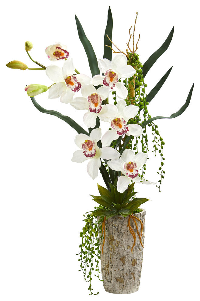 Nearly Natural Cymbidium Orchid Artificial Arrangement in Planter White