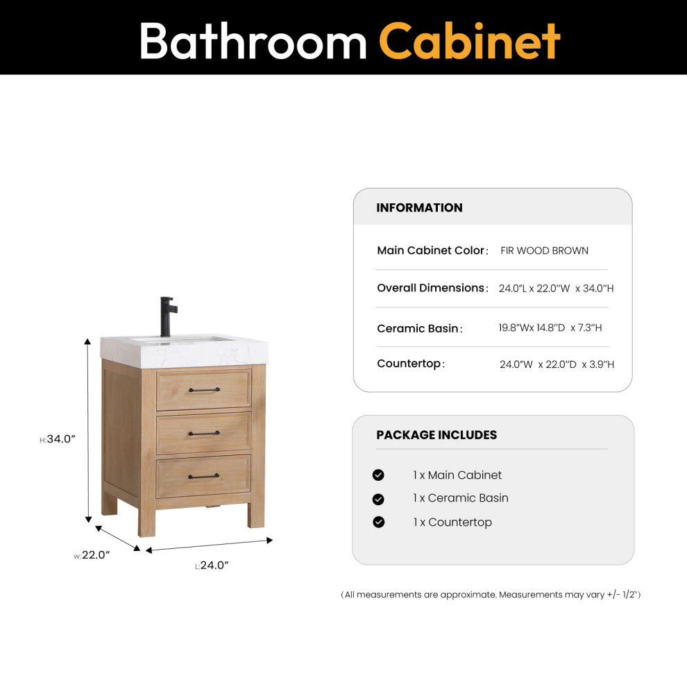 Leon Bath Vanity With Composite Stone Top, Fir Wood Brown, 24", No Mirror