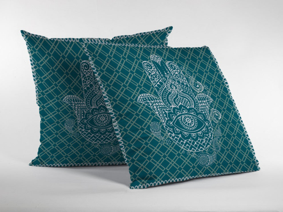 18 Teal White Hamsa Boho Suede Throw Pillow