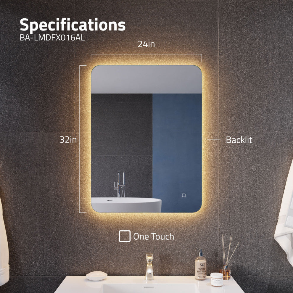 ANZZI 32" x 24" LED Back Lighting Bathroom Mirror With Defogger