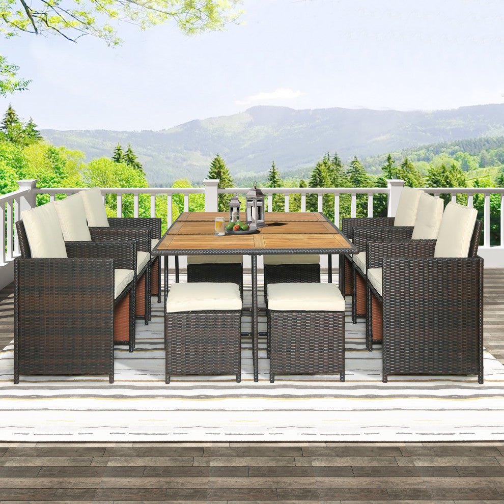 11 Pieces Outdoor Patio Rattan Dining Table Set With Cushions
