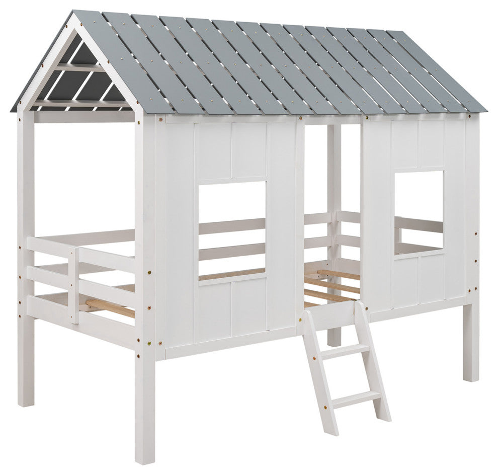 Gewnee Twin Size Low Loft House Bed with Roof and Two Front Windows in White