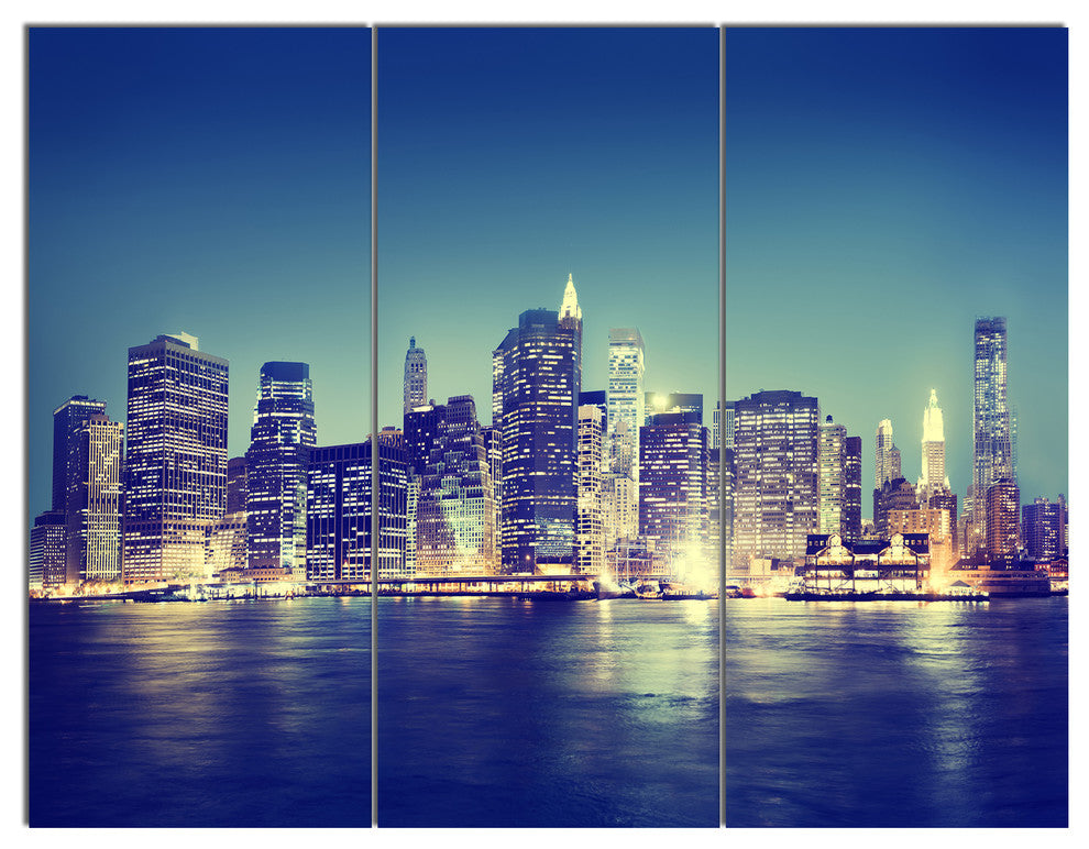 New York City Evening Panorama, Extra Large Triptych Canvas Art, 36x28, 3 Panels