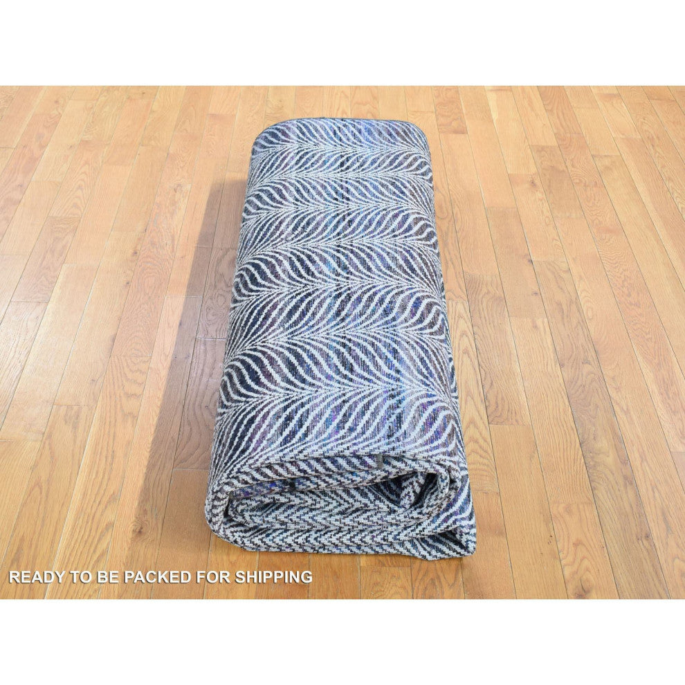 Colorful Modern Leaf Design Silk and Wool Hand Knotted Oriental Rug, 9'1"x12'3"