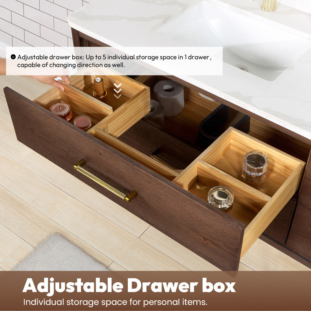 Cristo Floating Bath Vanity With Stone Top, Aged Dark Brown Oak, 60in., With Mirror