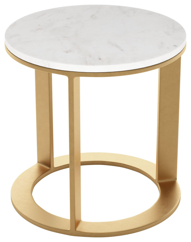 Sofa Side Table, Round, Artificial Marble, Aluminum Metal, White, Gold, Lounge
