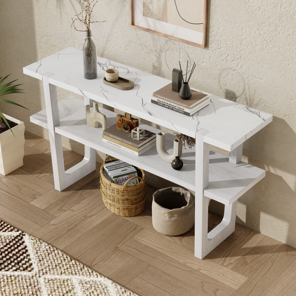 TATEUS Narrow Console Table with Marble-Effect Top for Entryway and Living Room, Antique White
